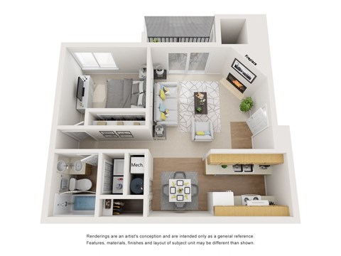 Floor plan for 1 bed, 1 bath, 665 sqft